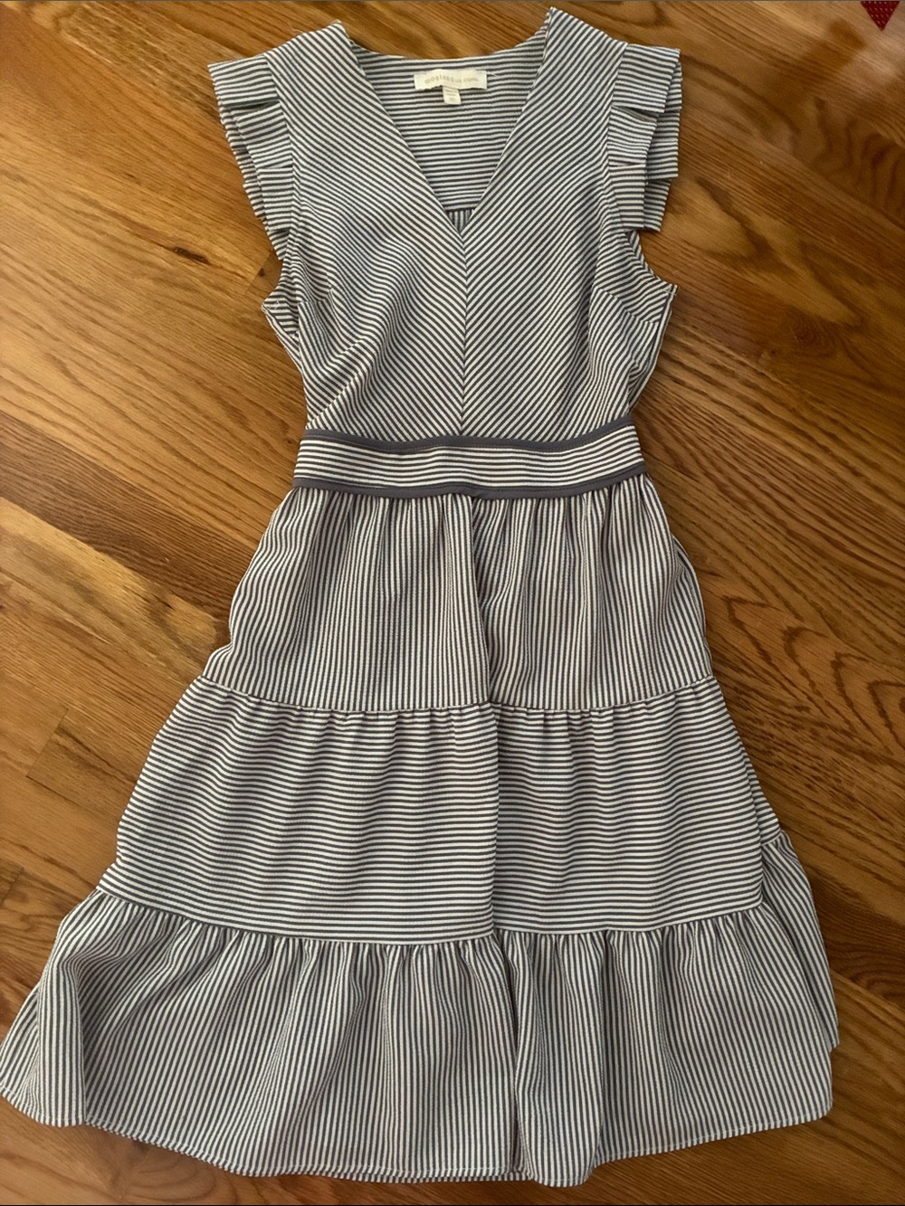 Striped V-Neck Tiered Women's Dress - slate gray and White size XS